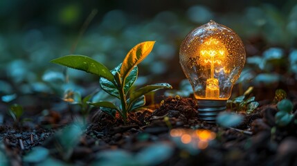 Lightbulb sits next to sprout, glowing warm light amidst dark soil and lush green