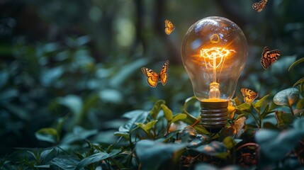 Lit bulb amongst greenery, butterflies hovering. Symbolic of new ideas and inspiration in nature