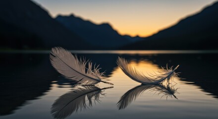 Feathers adrift on a tranquil lake surface at twilight against a mountain backdrop
