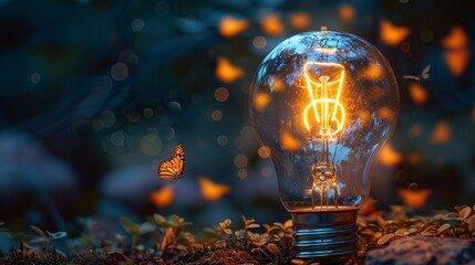 Lit bulb on ground amidst leaves; butterflies and glowing specks float
