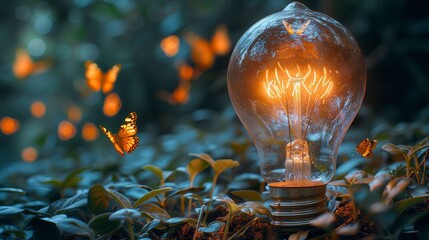 Glowing bulb amidst foliage, butterflies fluttering. Natural, warm light emitting. Magical, dreamy scene