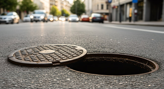 Circle metal sewer manhole cover with textured surface on an asphalt road. Drainage system infrastructure for city utility