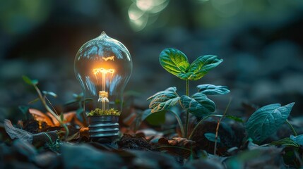 Lit bulb with plant inside, seedling grows beside, amongst leaves in soft focus