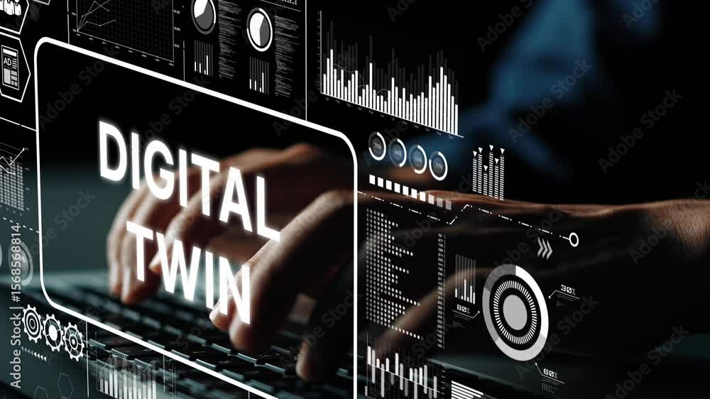 Poster innovative digital twin technology concept with hands on keyboard and data visualization graphics in