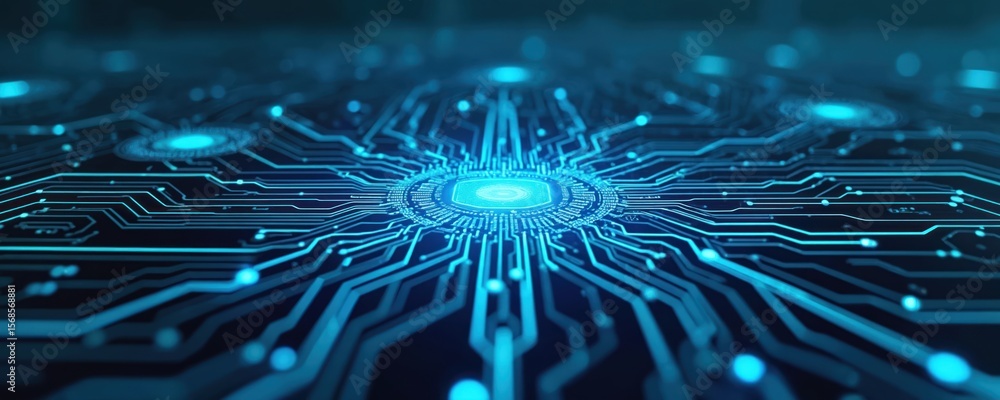 Poster futuristic abstract circuit board background with glowing blue digital pathways processing data. hig