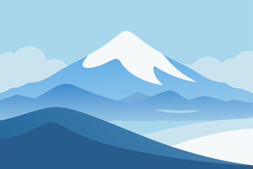 Mountain landscape vector illustration with snow-capped peaks, a serene lake, and a vibrant sunset sky
