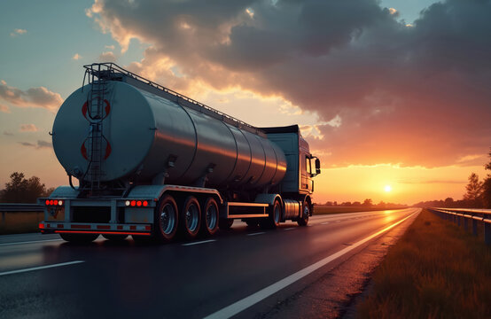 Tanker truck with danger labels on side view, displaying warning symbols, safety marks, hazard signs. Large vehicle, gray, black paint, white C logo, red S logo, parked on highway, sunset background.