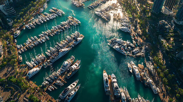 Aerial view of a marina filled with yachts and boats on turquoise water near buildings and greenery