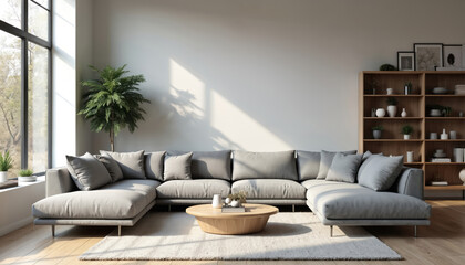 Modern living room with spacious grey sectional sofa. Large window allows natural light, casting shadows on the wall. Wooden shelving unit displays decor. Comfortable home setting.