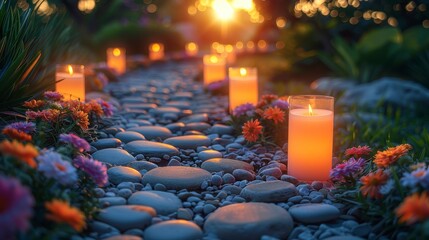 Lit candles line a cobblestone path amidst vibrant flowers at dusk, warm lighting