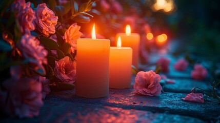 Candles light up stone surface bordered by pink roses. Soft glow illuminates leaves and flowers