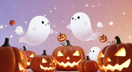 cute halloween ghosts and glowing jack-o-lanterns with stars on a festive purple and orange background, 3d render illustration for holiday celebration