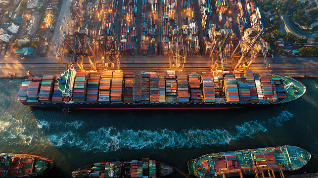 Aerial view of a cargo ship loaded with shipping containers at a busy port terminal at dusk