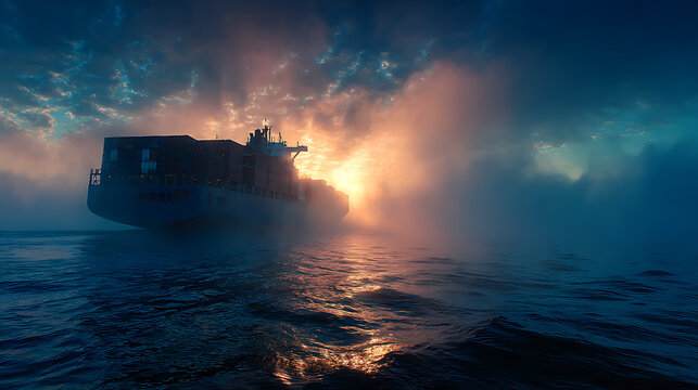 A container ship sailing through a foggy sea with a bright light shining through the fog behind it - Powered by Adobe