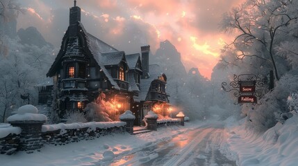 Snowy scene of a detailed cottage nestled into mountains at dusk, with illuminated windows and a "Snow Falling" sign