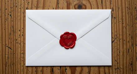 White envelope with red wax seal on wooden background  