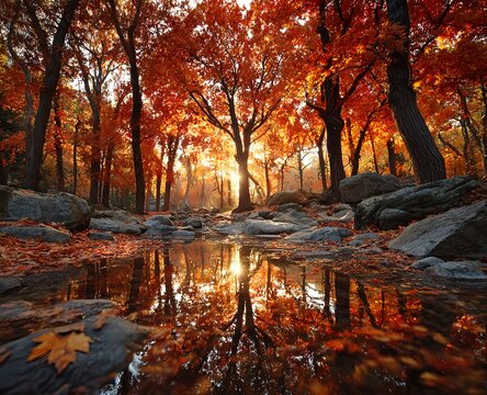 Peaceful fall landscape with colorful maple trees and sunlight shining through tall trunks