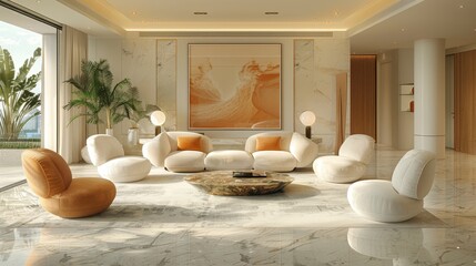 Elegant living room with marble floors, rounded sofas, neutral tones, and leafy plants near a window