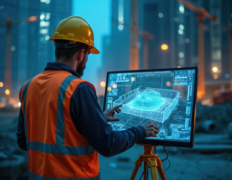 Construction worker in safety gear uses 3D scanner analyzing digital data at building site. Focus on technological innovation, engineering precision, modern architecture development. Futuristic