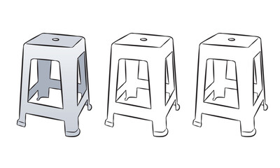 Group of three drawings of plastic stools, a popular piece of furniture in Brazil. Isolated on a transparent background-01.eps