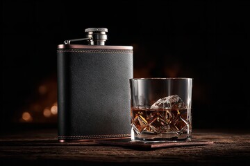 Elegant whiskey flask and glass sit on a rustic wooden table with dim lighting creating a warm atmosphere