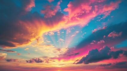Fototapeta premium A stunning sky painted by the sun, displaying vibrant gold, pink, blue, and multicolored shades. Clouds during sunset with a cloudy sky background in daytime.