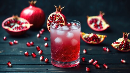 Delicious pomegranate cocktail on a black wooden background with empty space for text.