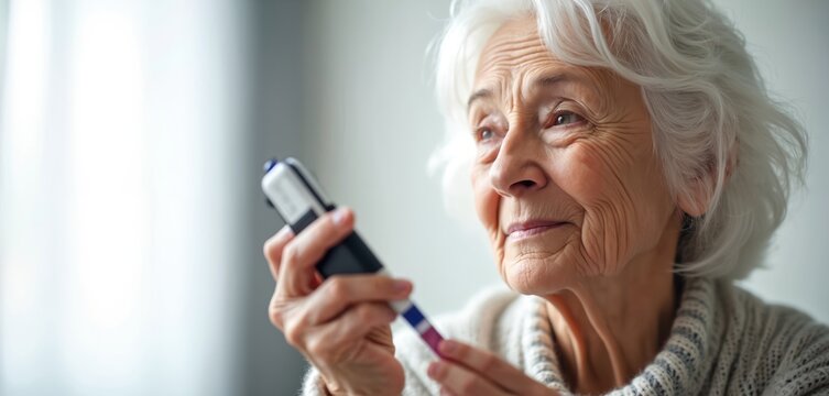 Elderly woman checks blood glucose level at home with glucometer, lancet pen. Focus on diabetes monitoring, health care, senior wellness. Digital device helps manage blood sugar for better health. - Powered by Adobe
