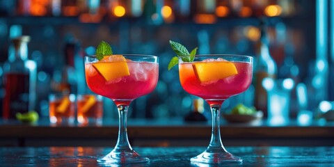 Close Up On A Couple Of Cocktail Glasses With Cocktail, No People Are Visible, Featuring Empty Copy Space For Text