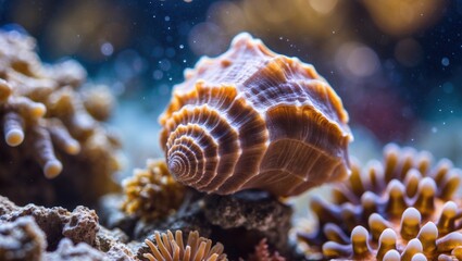 A Distinctive Marine Mollusc, The Spider Conch Still Common In Warm Tropical Seas, Grazing Shallow Coral Reefs, With Empty Copy Space For Text