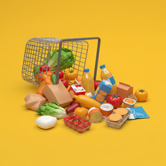 Obraz premium Overturned Shopping Basket with Assorted Grocery Items, Food, and Drinks on a Yellow Background – 3D Illustration Concept