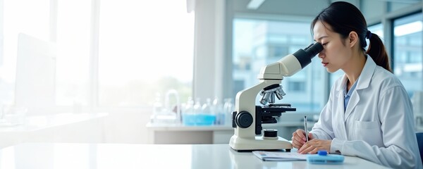 Asian scientist works in bright laboratory, using microscope for research. Female researcher in white coat notes findings. Wide banner format for science, medicine, biotech innovation.