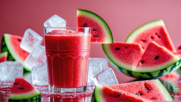 Glass of red watermelon smoothie with ice and slices of melon and watermelon with empty space for text - Powered by Adobe