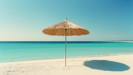 Fototapeta premium A peaceful beach scene with a single straw parasol on the sand, overlooking calm turquoise waters under a clear sky, with a distant shoreline creating a tranquil, minimalistic atmosphere.