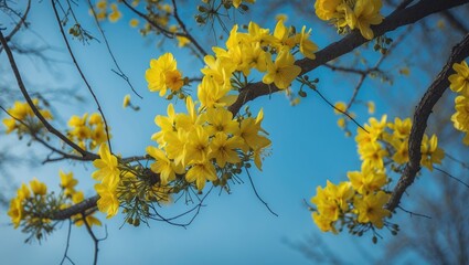 A vibrant cluster of yellow flowers blooms on tree branches against a clear blue sky, capturing the essence of nature's tranquility and beauty.