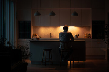 Modern Man in home kitchen at night, sitting by illuminated counter
