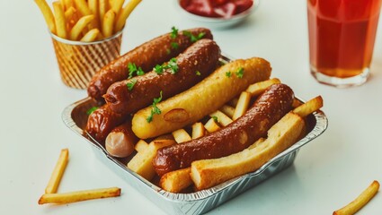 Traditional German Currywurst with French fries served take away, isolated on white background.