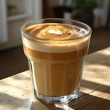Light-brown coffee drink in a clear glass tumbler.