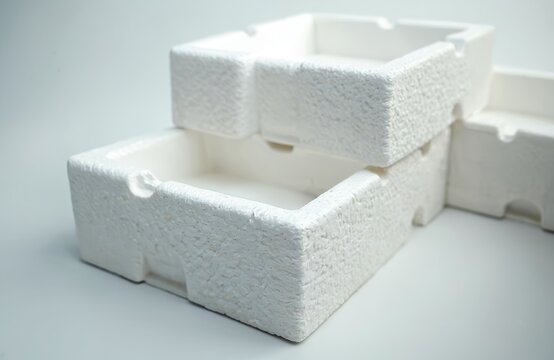 Stack of white expanded polystyrene EPS foam boxes, perfect for packaging, transporting fish, shellfish. Material provides excellent insulation, keeping contents cold, fresh. Ideal for seafood