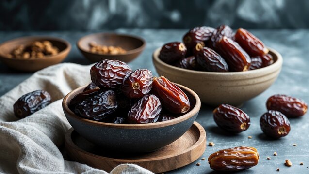Big luxury dried date fruit in bowls on a linen napkin, date concept with empty copy space for text