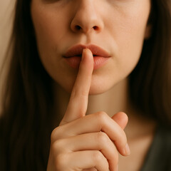 Naklejka premium A female, young adult, places her finger to her lips, signaling silence or secrecy in a close-up shot of her lower face. Generative AI.