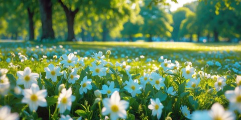 Fototapeta premium A Beautiful Summer Day In The Park...White Flowers. With Empty Copy Space For Text
