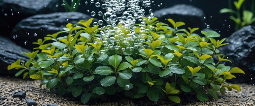 Bush of beautiful Marsilea quadrifolia generating bubbles of oxygen with black rocks in background, grown in freshwater, with empty copy space for text.