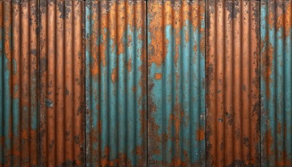 Fototapeta premium Corrugated metal sheets show oxidized copper patina with rust, wear. Weathered bronze brass textures in orange-brown hues form abstract pattern. Grunge background offers vintage, antique aesthetic