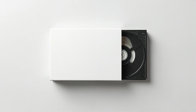 Mockup of VHS tape box with blank sleeve on light background. Features realistic retro cassette, customizable label, and isolated plastic case for media display and branding.