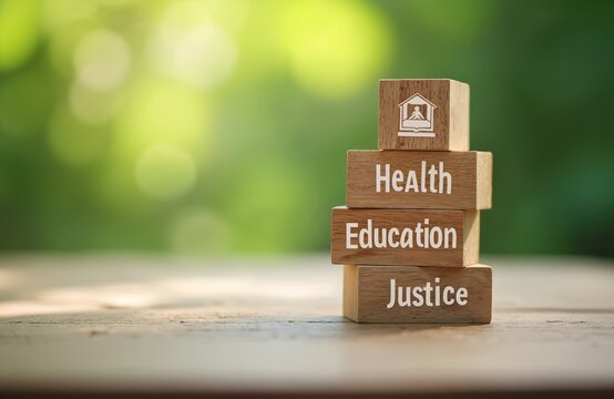 Wooden blocks stacked in nature setting represent social policy concepts health education, justice. Icons symbolize community welfare government equality support law rights public care system society