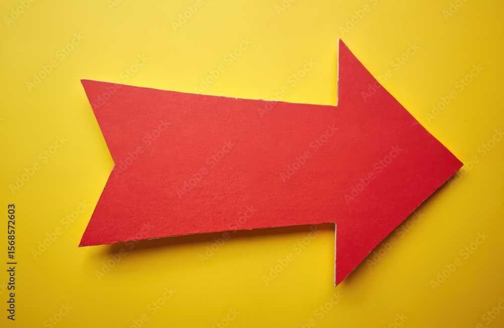 Fototapete red cut-out arrow on yellow background. blank cardboard sign offers copy space for text. simple poin