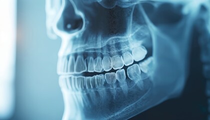 Panoramic dental X-ray reveals teeth and jaw structure clarity. This radiograph offers detailed view of bone, enamel, and tooth anatomy for diagnosis and treatment planning.