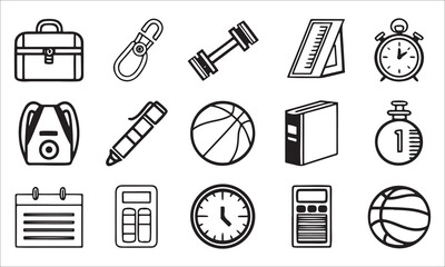 School supplies and sports equipment icons briefcase
