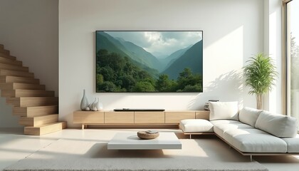 Fototapeta premium Modern minimalist living room featuring white sectional sofa, wooden floating stairs, large TV displaying serene mountain landscape. Bright, airy space includes natural light, potted plant, low